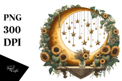 Vintage Moon with Hanging Stars and Sunflowers PNG Product Image 1