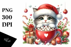 Cute Cat with Santa Hat and Hot Cocoa PNG Product Image 1