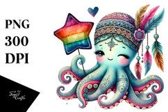Cute Boho Octopus Sitting on Star PNG Product Image 1
