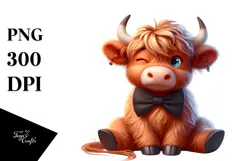 Highland Cow with Bow Tie, Cartoon PNG Product Image 1