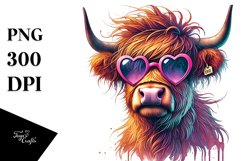 Digital Painting Highland Calf with Heart Sunglasses, PNG Product Image 1