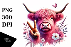 Pink Highland Cow with Victory Sign, Digital Painting Product Image 1