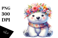 Cartoon-Style Polar Bear with Flower Crown Clipart Product Image 1