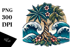 Retro Tropical Tree Waves, Tshirt Vector Product Image 1