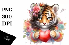 Baby Tiger Holding Heart PNG Product Image 1