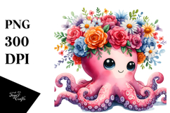 Cartoon-Style Octopus with Vibrant Flower Crown Clipart Product Image 1