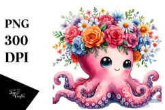 Cartoon-Style Octopus with Vibrant Flower Crown Clipart Product Image 1