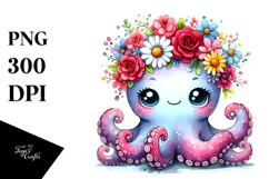 Cartoon-Style Octopus with Vibrant Flower Crown Clipart Product Image 1