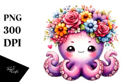 Cartoon-Style Octopus with Vibrant Flower Crown Clipart Product Image 1