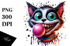 Spooky Cat Chewing Bubble Gum, Cartoon Style PNG Product Image 1