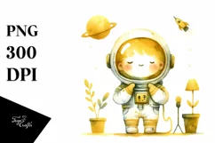 Washed Watercolor Yelloish Whimsical Astronaut Boy | Product Image 3
