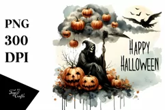 Watercolor Style Halloween Reaper Sitting on Cloud with Product Image 1