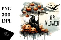Watercolor Style Halloween Reaper Sitting on Cloud with Product Image 1