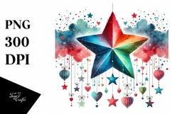 Simple Watercolor Star with Hearts, PNG Product Image 1