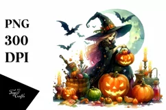 Vibrant Drawing of Witch with Pumpkin | Clipart Product Image 3