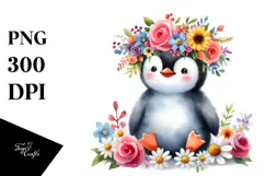 Cartoon-Style Penguin with Vibrant Flower Crown Clipart Product Image 1