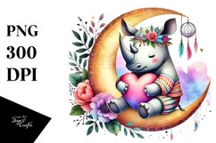 Boho Rhino on Moon Holding Heart, Colorful PNG Product Image 1