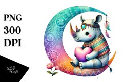Cute Rhino Sitting on Moon PNG Product Image 1