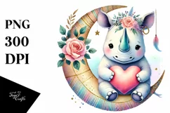 Cute Rhino Sitting on Moon PNG Product Image 1
