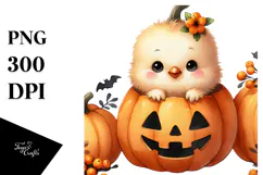 cute Baby Chicken Popping Out from Halloween Pumpkin, PNG Product Image 1