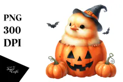 cute Baby Chicken Popping Out from Halloween Pumpkin, PNG Product Image 1