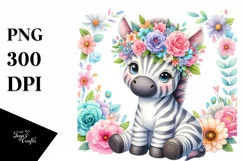 Cartoon-Style Zebra with Pastel Flower Crown Clipart Product Image 1