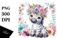 Cartoon-Style Zebra with Pastel Flower Crown Clipart Product Image 1