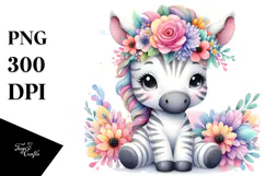 Cartoon-Style Zebra with Pastel Flower Crown Clipart Product Image 1