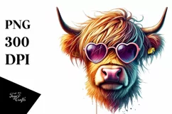 Colorful Highland Calf with Heart Shaped Sunglasses PNG Product Image 1