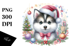 Watercolor Siberian Husky with Christmas Decorations, PNG Product Image 1