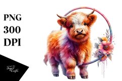 Colorful Baby Highland Cow with Hoop, PNG Product Image 3