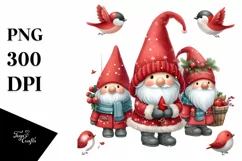 Cute Red Christmas Gnomes in Front of Red Birds PNG Product Image 3