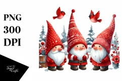 Cute Red Christmas Gnomes in Front of Red Birds PNG Product Image 1