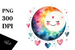Smiling Moon with Hearts, Watercolor PNG Product Image 1