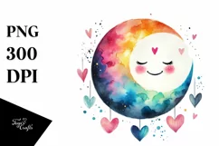 Smiling Moon with Hearts, Watercolor PNG Product Image 1