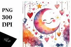 Smiling Moon with Hearts, Watercolor PNG Product Image 1