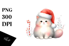 Watercolor Cat Sitting with Santa Hat, PNG Product Image 1