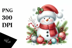 Cute Snowman in Winter Scenery with Christmas Ornaments PNG Product Image 1