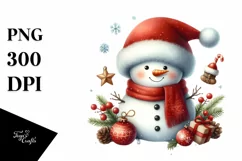 Cute Snowman in Winter Scenery with Christmas Ornaments PNG Product Image 3