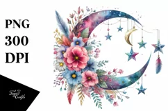 Boho Moon with Flowers and Stars PNG Product Image 1