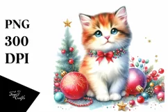 Watercolor Cat with Vibrant Christmass Decorations PNG Product Image 3