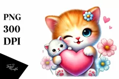 Pastel Baby Kitten Holding Heart PNG Product Image 1