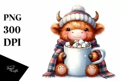 Cute Little Highland Cow with Blanket and Giant Cup PNG Product Image 1