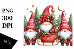 Cute Red Christmas Gnomes in Front of Christmas Sleigh PNG Product Image 1