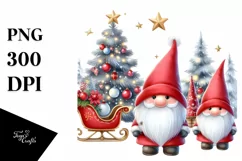 Cute Red Christmas Gnomes in Front of Christmas Sleigh PNG Product Image 1