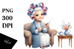 Old Lady Sitting on Sofa with Hair Curlers | Clipart Product Image 1