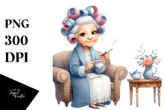 Old Lady Sitting on Sofa with Hair Curlers | Clipart Product Image 1