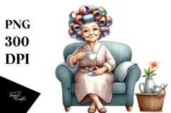 Old Lady Sitting on Sofa with Hair Curlers | Clipart Product Image 1