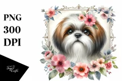 Watercolor Shih Tzu Floral Frame | Clipart Product Image 1