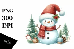 Cute Snowman in Winter Scenery with Santa Hat PNG Product Image 3